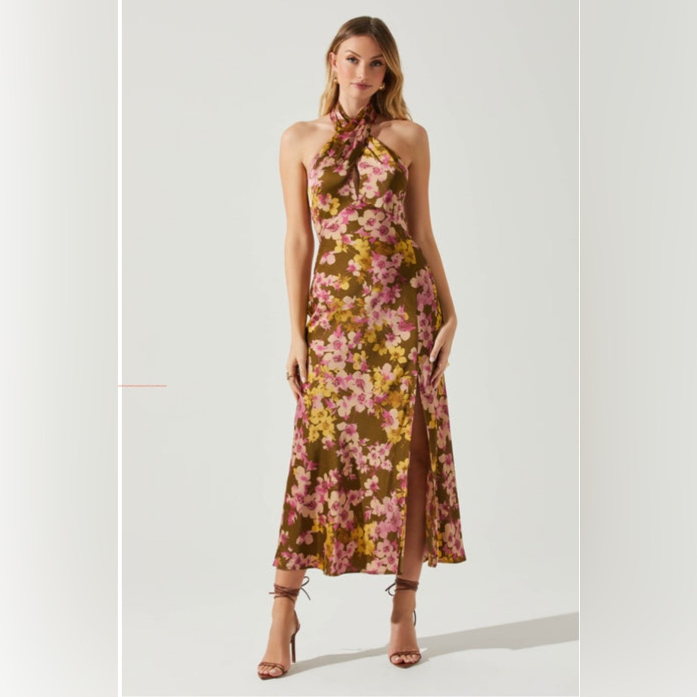 Astr Marissa Satin Halter Neck Floral Midi Dress